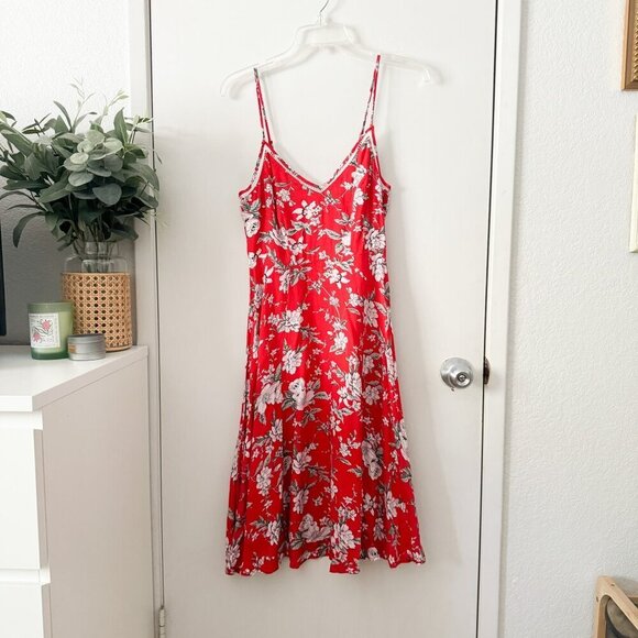 🦋 LULUS Esperanza Red Floral Print Midi Dress XS Side Slit Casual Boho Cute - Picture 2 of 6